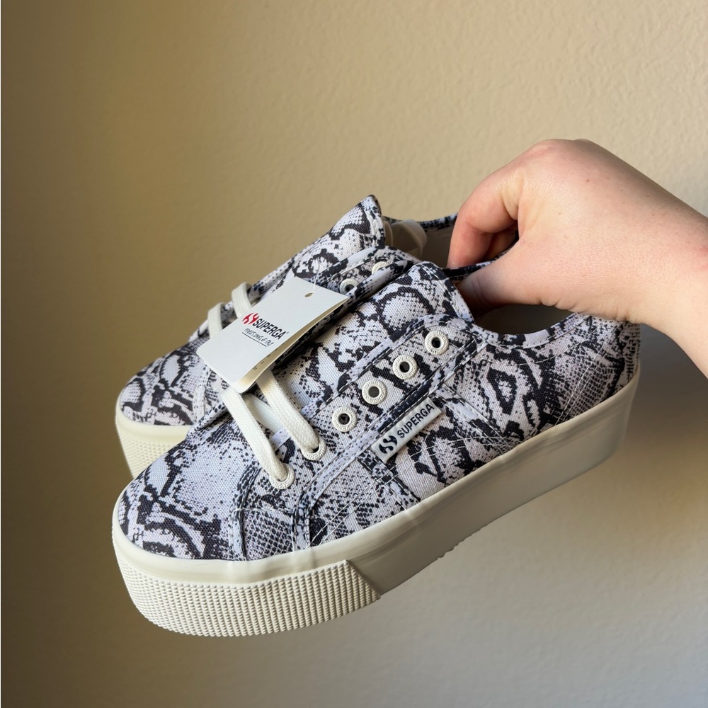 Superga 2790 platform sneakers, black and white snake print pattern, size 7